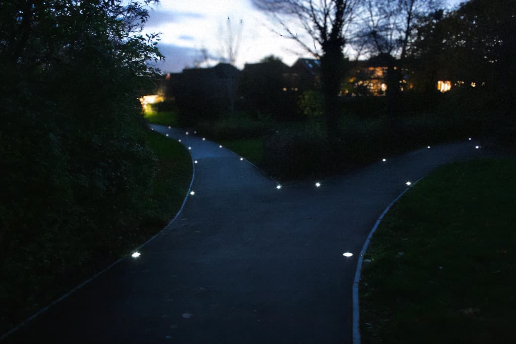 Dark pathway illuminated with solareye 80 solar powered path light